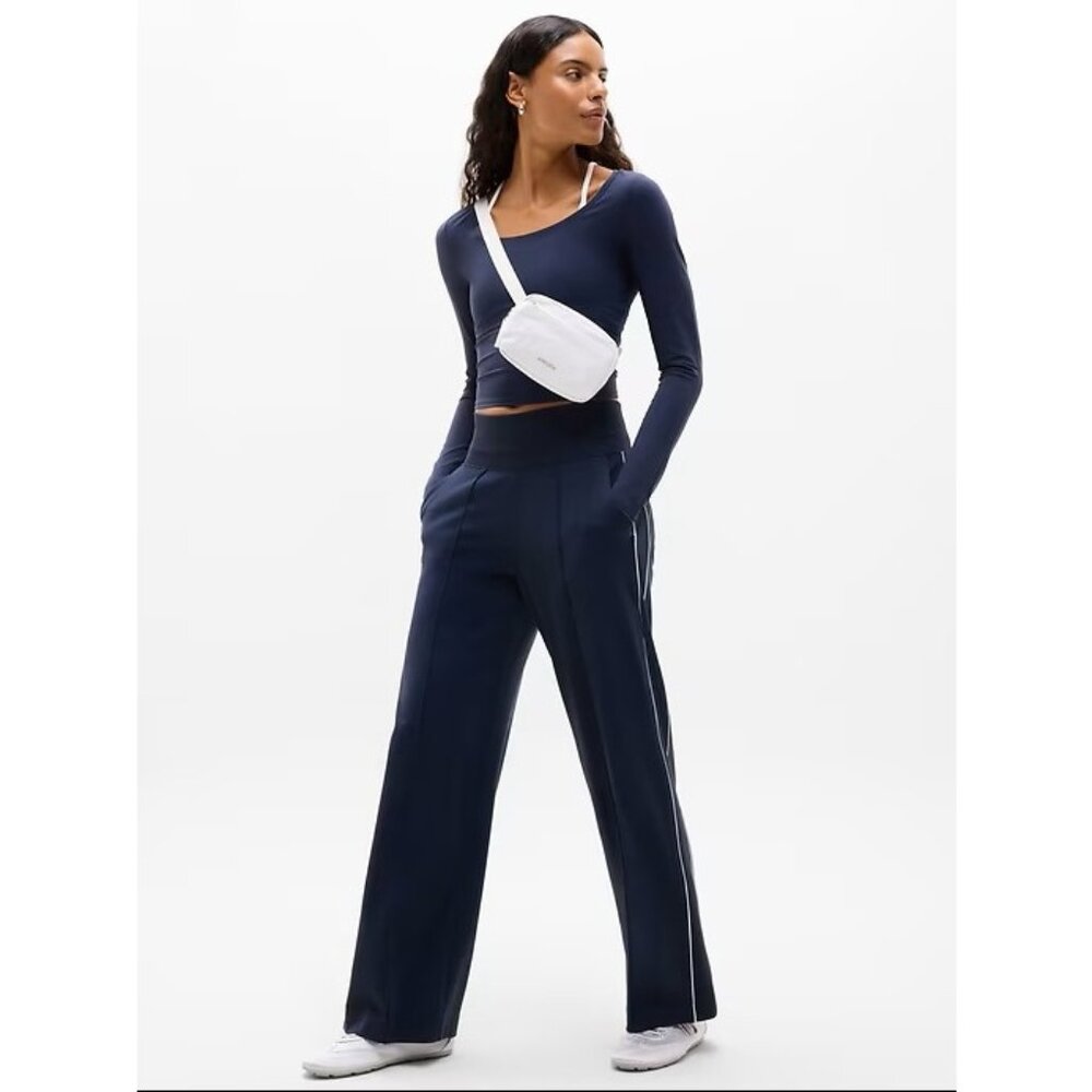 NWT Athleta Venice High Rise Track Stripe Wide Leg Pant, Navy/Bright White